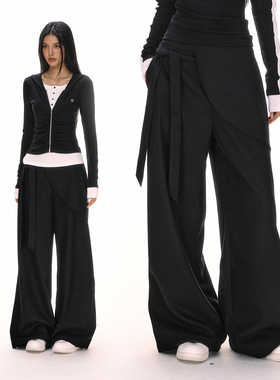 ACMEAURA不规则黑色阔腿裤女秋冬季屁帘高腰垂感休闲直筒拖地裤子