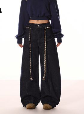 ACMEAURA 蓝色宽松直筒弯刀裤慵懒风显瘦百搭阔腿牛仔裤女 送腰带