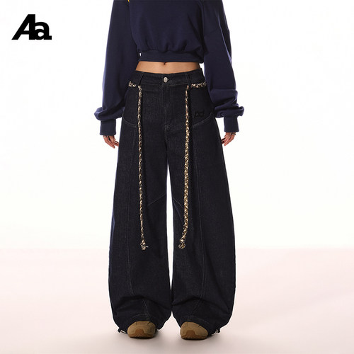 ACMEAURA 蓝色宽松直筒弯刀裤慵懒风显瘦百搭阔腿牛仔裤女 送腰带