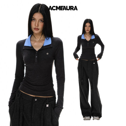 ACMEAURA秋冬季设计感灰色假两件上衣长袖T恤修身polo领打底衫女