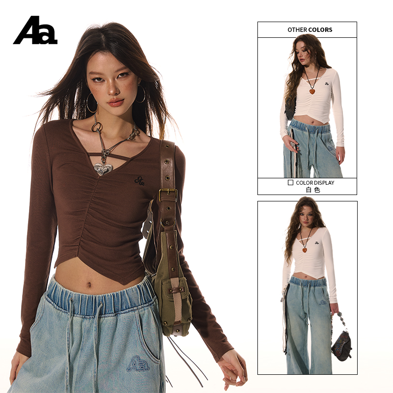 ACME AURA 美式辣妹短款长袖T恤女修身显瘦百搭不规则内搭上衣