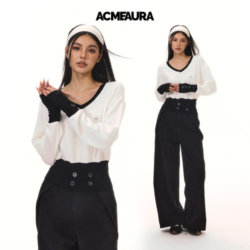 ACMEAURA极简风V领长袖T恤女黑白撞色边纽扣装饰百搭慵懒风上衣女