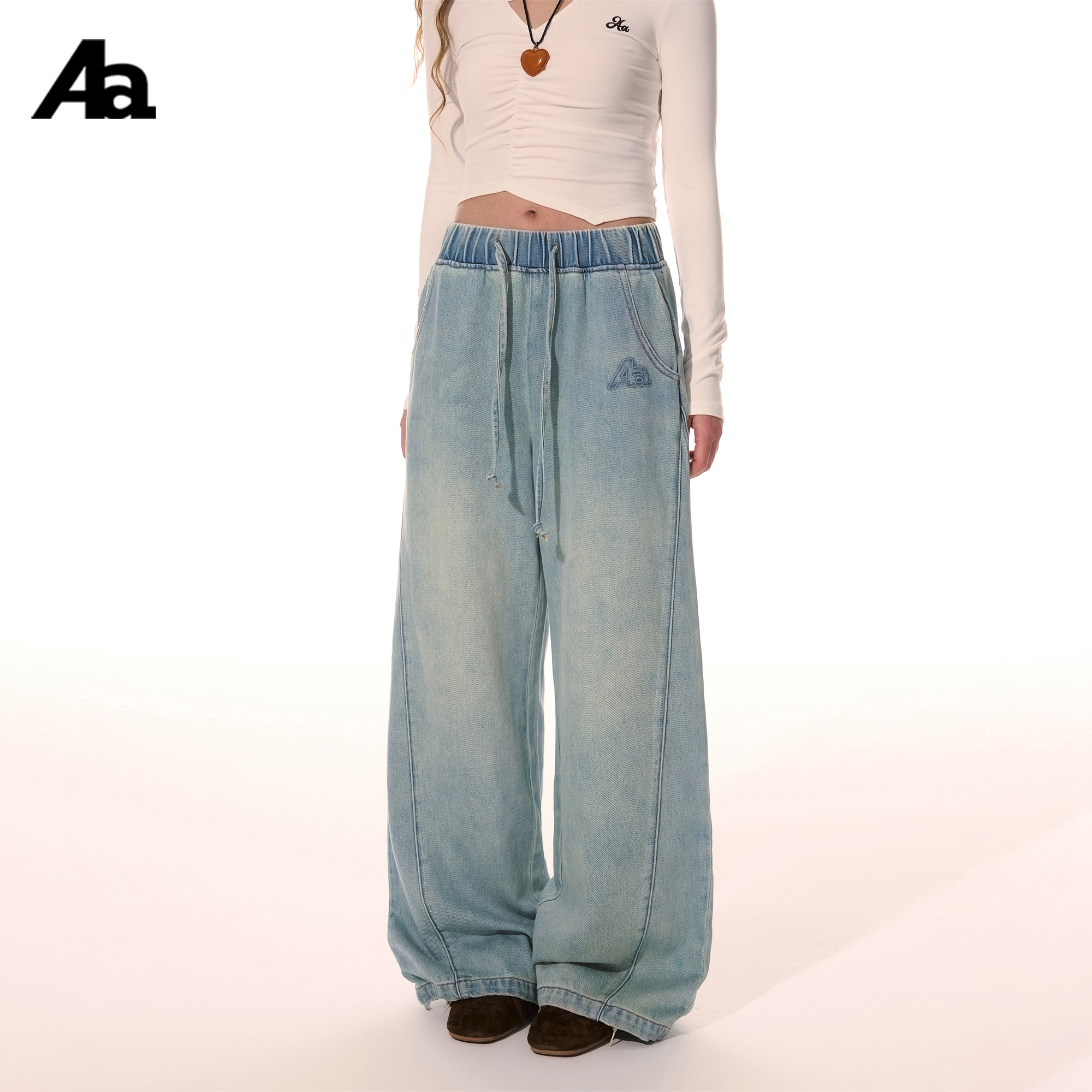 ACME AURA 复古设计感松紧腰宽松阔腿牛仔裤女显瘦直筒宽松长裤