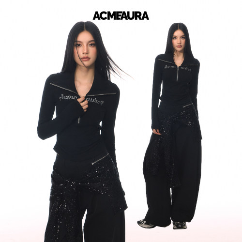 ACMEAURA复古翻领烫钻字母上衣