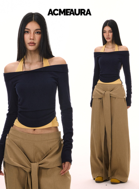 ACMEAURA斜肩挂脖假两件针织长袖T恤女2025秋冬季显瘦打底上衣女