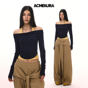 ACMEAURA斜肩挂脖假两件针织长袖 显瘦打底上衣女 T恤女2025秋冬季