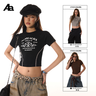 辣妹上衣 T恤设计感腰身人鱼分割线短款 ACMEAURA美式 复古印花修身