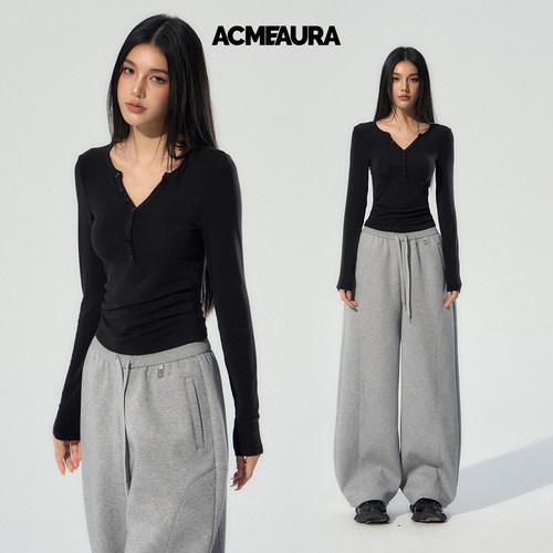 ACMEAURA巨好看的早秋上衣女内搭打底衫美式亨利领修身长袖T恤女