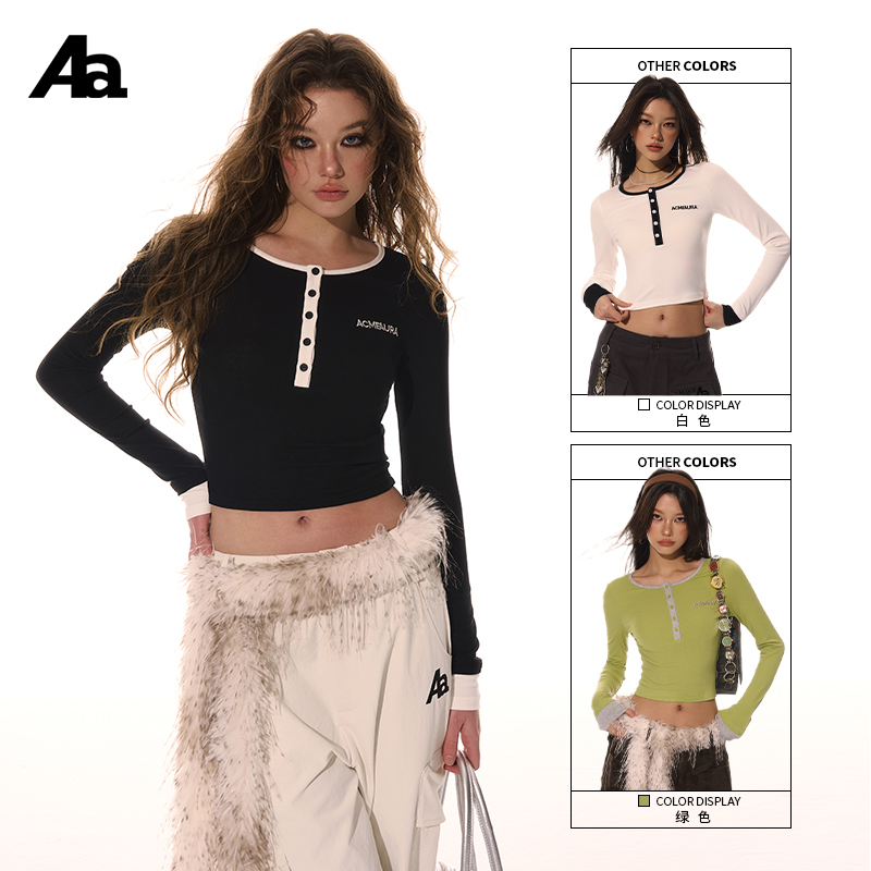 ACME AURA 美式复古纽扣圆领辣妹T恤女休闲百搭显瘦上衣