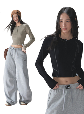 ACMEAURA纯色半开领长袖T恤女早秋穿搭修身显瘦百搭纽扣短款上衣