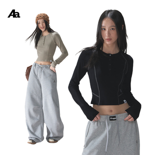 上衣 显瘦百搭纽扣短款 ACMEAURA纯色半开领长袖 T恤女早秋穿搭修身