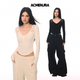 显瘦内搭长袖 修身 T恤 复古纯欲蕾丝拼接V领上衣女短款 ACMEAURA