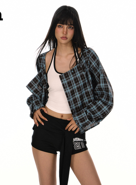 ACME AURA 美式复古格纹翻领长袖轻薄女宽松休闲一衣多穿上衣