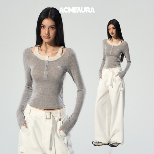 ACMEAURA巨好看的早秋上衣女内搭短款灰色假两件长袖t恤女打底衫