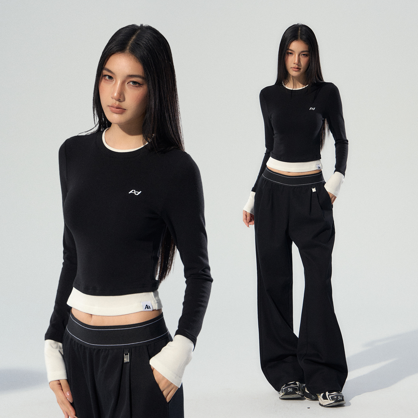 ACMEAURA上衣女2025新款巨好看的早秋上衣女黑色假两件长袖上衣女