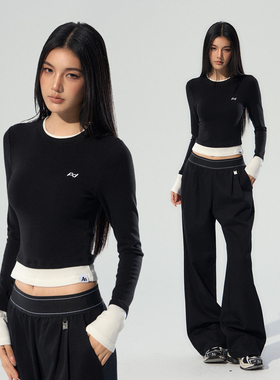 ACMEAURA上衣女2025新款巨好看的早秋上衣女黑色假两件长袖上衣女