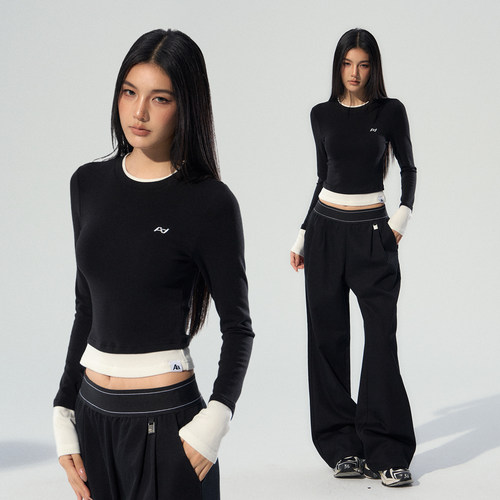 ACMEAURA上衣女2025新款巨好看的早秋上衣女黑色假两件长袖上衣女