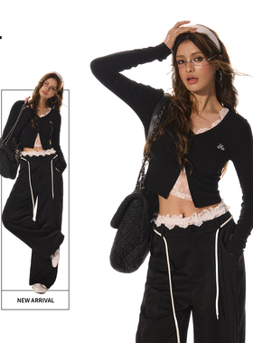 ACMEAURA 设计感复古蕾丝花边拼接撞色假两件针织衫辣妹开衫上衣