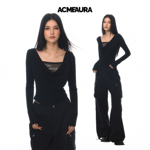 T恤 百搭长袖 ACMEAURA 复古设计感烫钻荡领假两件上衣女2026新款