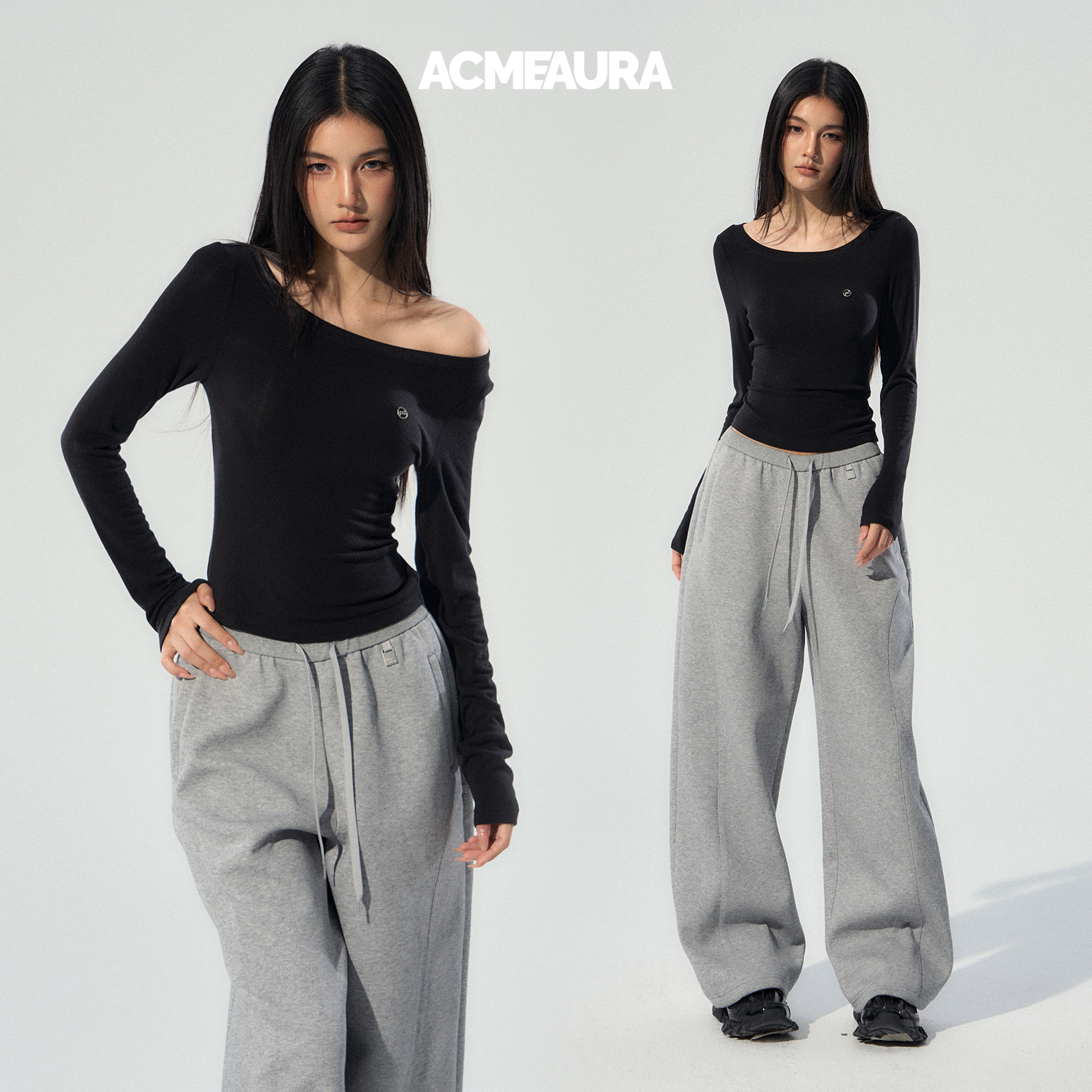 ACMEAURA绝美巨好看的早秋上衣女2025新款修身百搭黑色长袖t恤