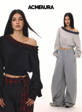 ACMEAURA秋冬美式复古斜肩露肩木耳边长袖套头卫衣女外穿长袖上衣