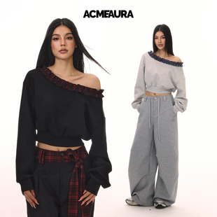 上衣 套头卫衣女外穿长袖 ACMEAURA秋冬美式 复古斜肩露肩木耳边长袖