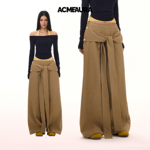 ACMEAURA时尚 女 休闲复古松弛感纯色可拆卸飘带设计阔腿宽松休闲裤