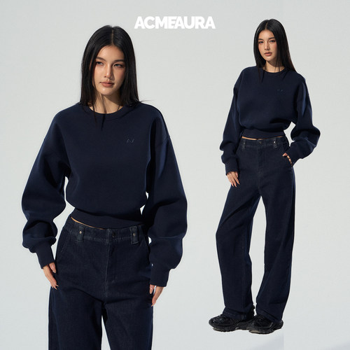 ACMEAURA藏蓝色卫衣女2025新款巨好看的早秋无帽卫衣短款外套女