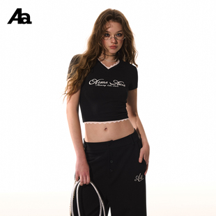 上衣 百搭短袖 ACMEAURA纯欲蕾丝边拼接V领字母印花T恤夏季 辣妹修身