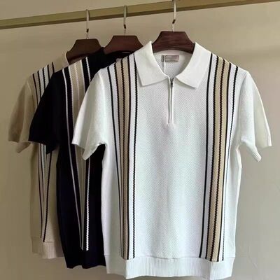 新品轻熟英伦风竖条纹针织短袖POLO衫男士夏季撞色休闲翻领T恤衫