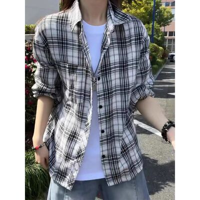 美式格子衬衫男女2026春夏季防晒长袖衬衣外搭开衫慵懒风休闲外套