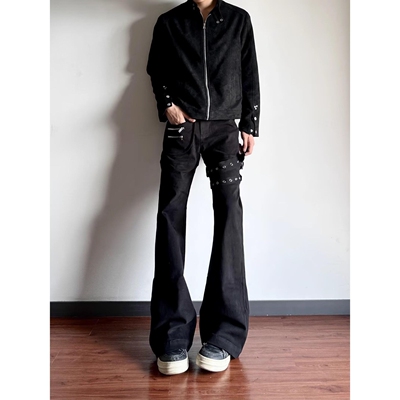 美式高街vibe绑带黑色水洗微喇休闲设计感显瘦修身百搭男牛仔裤子