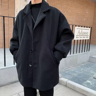 韩系赫本风黑色毛呢大衣男中长款情侣装外套秋冬款高级感休闲风衣
