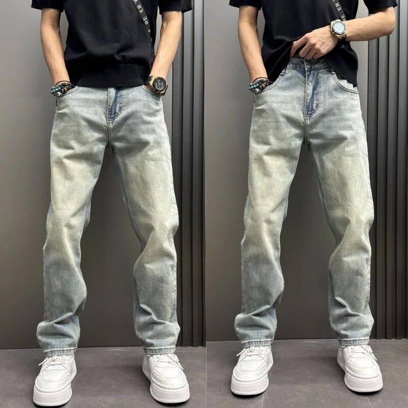 潮牌修身牛仔裤男士九分新款夏季锥形小脚休闲痞帅印花长裤子