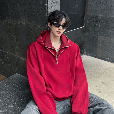 春季韩系休闲假两件翻领卫衣男女半拉链双层领上衣设计高级感外套