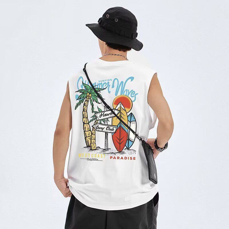 夏日沙滩运动坎肩无袖t恤男美式ins潮流纯棉宽松休息健身背心男款