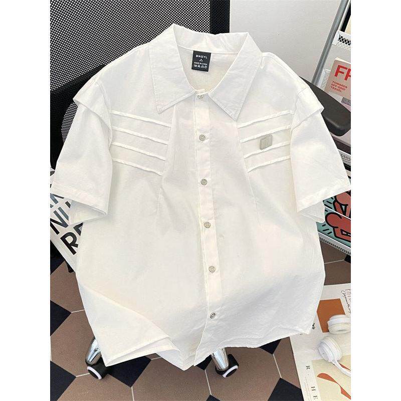 小众解构压褶设计感衬衫男女夏季短袖潮牌美式黑白色半截袖