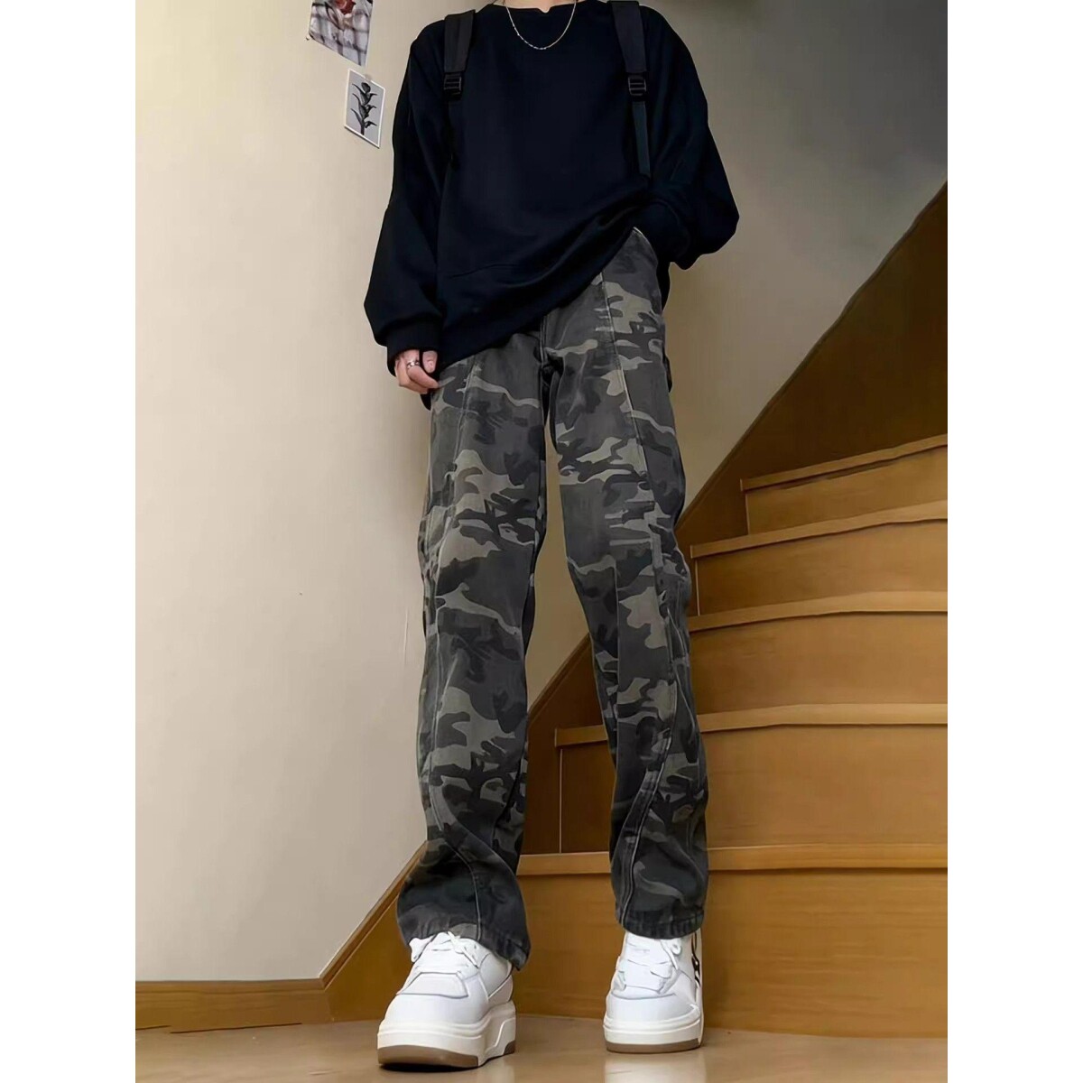 cleanfit迷彩微喇牛仔裤男生美式vibe伐木工装裤子显瘦弯刀直筒裤