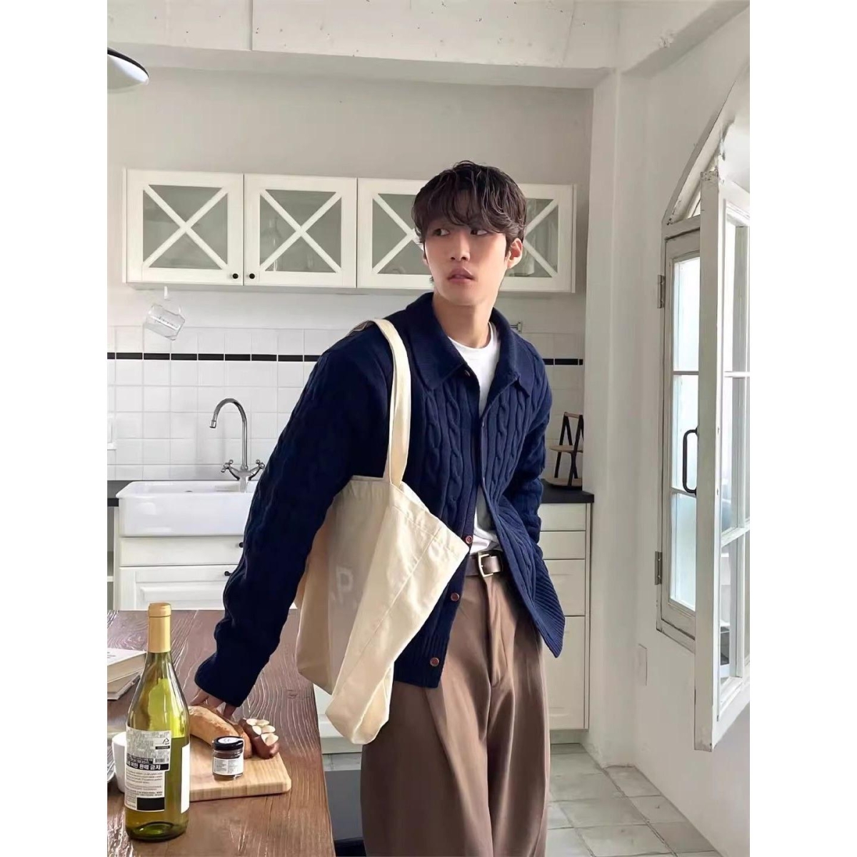 秋冬季粗麻花针织开衫男生宽松慵懒高级感毛衣休闲翻领毛线衫外套