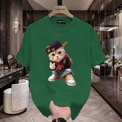 2025新款夏季短袖t恤男潮牌半截袖体恤衫卡通猫咪印花上衣服