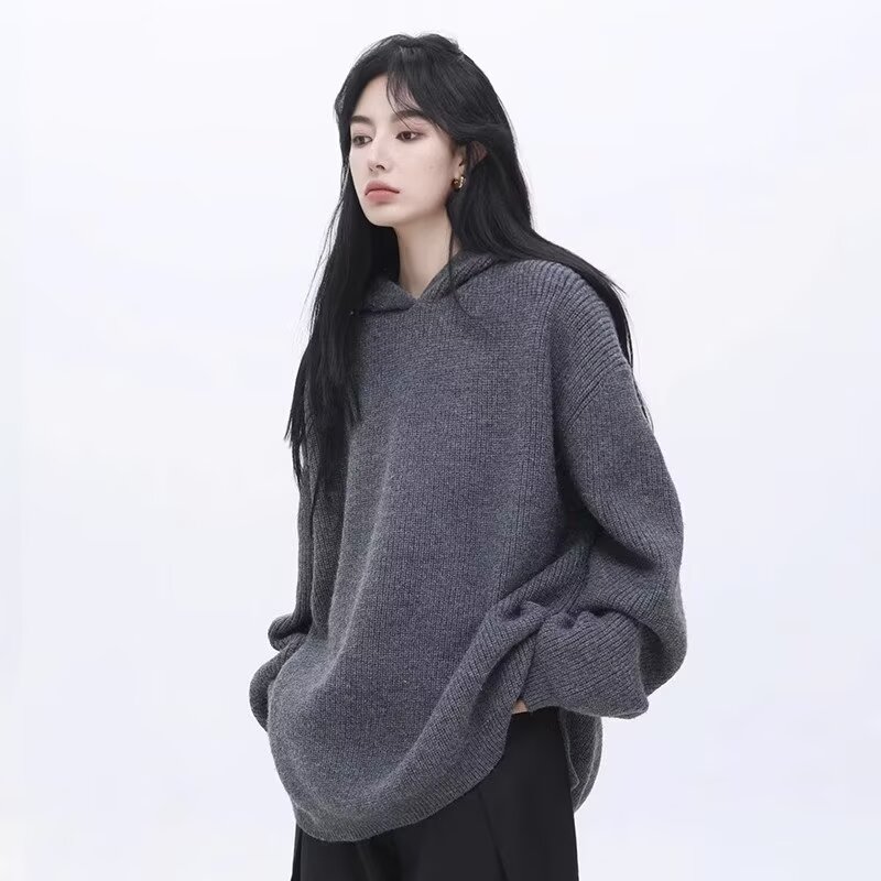 单件套头常规款街头纯色潮流日系复古连帽针织衫慵懒风毛衣男长袖