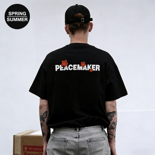 PEACEMAKE巴黎小红花潮牌联名模拟刺绣工艺印花270g纯棉短袖男女