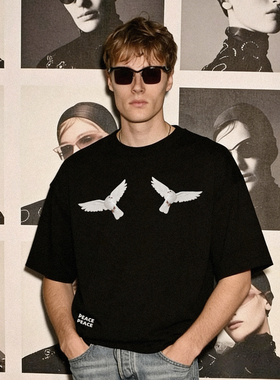 26SS和平鸽模拟刺绣工艺印花270g重磅纯棉圆领短袖T恤男女