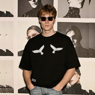 【宽松版】和平鸽模拟刺绣工艺印花300g落肩纯棉圆领短袖T恤男女