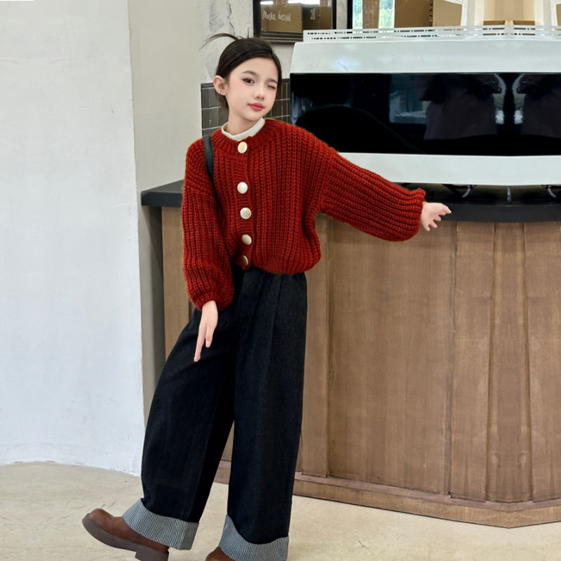 女童毛衣外套秋冬2026新款女大童红色针织儿童初中生开衫本命上衣