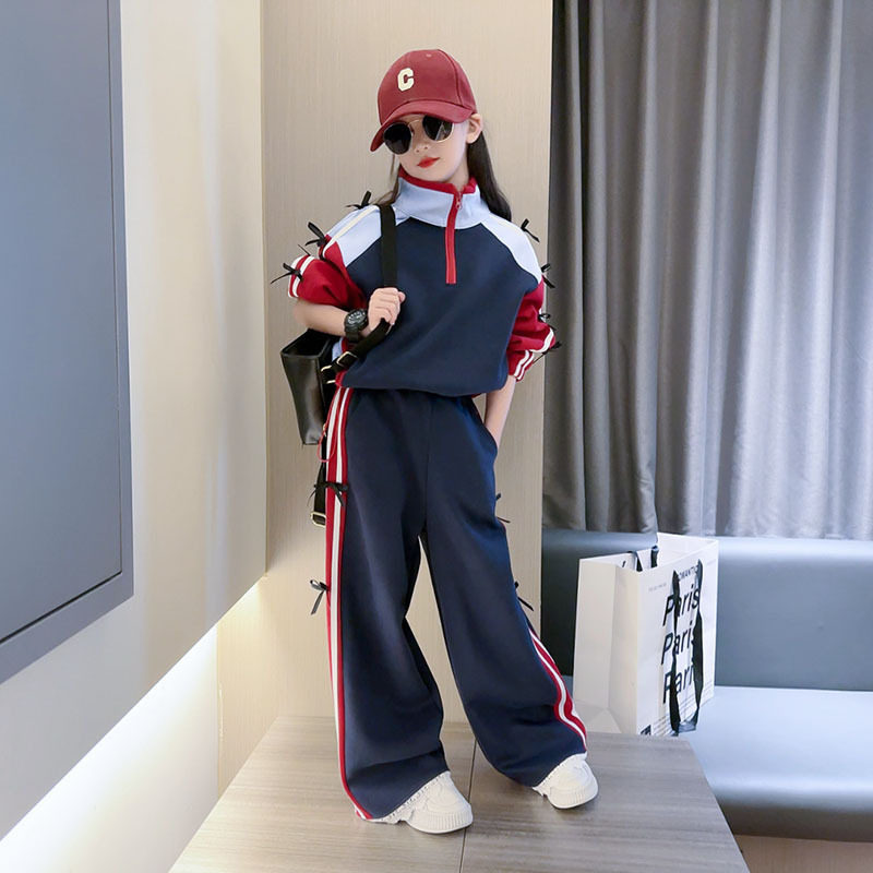 女童春秋款套装2026新款韩版中大童时髦宽松条纹连帽外套阔腿裤潮