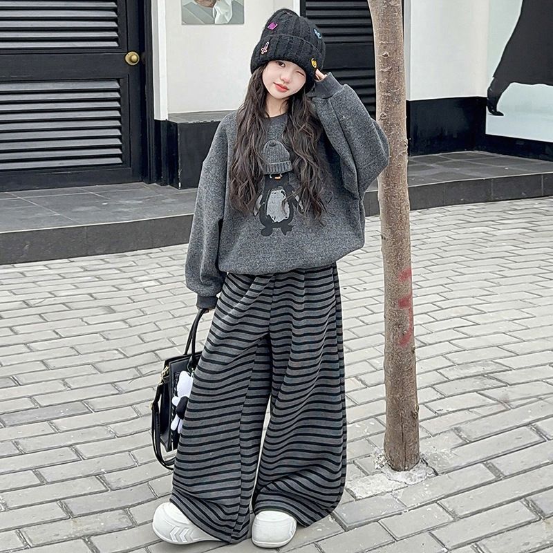 女童春秋卫衣套装2026春季新款中大童女孩休闲条纹阔腿裤时尚春装