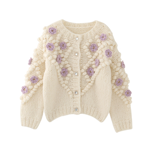 2026早春新款加厚棒针开衫女小清新手工钩花豆豆短款直筒毛衣外套