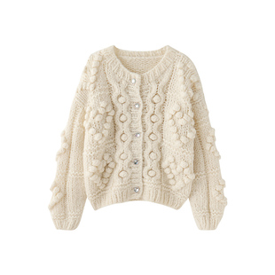 毛衣外套保暖上衣 女重工宽松加厚短款 秋冬新款 豆豆棒针织圆领开衫