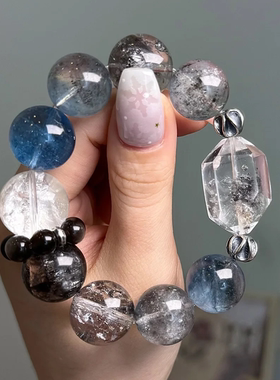 原创天然水晶闪灵晶中晶黑爆闪海蓝宝女款水晶手链【云顶之澜】